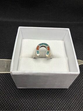 Navajo 1970s eraSilver Horseshoe Inlay Ring - Turquoise & Coral Accents SZ 4.5